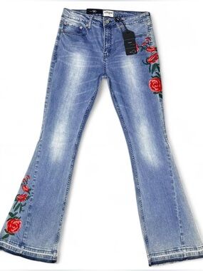 Umgee Floral Embroidered High Rise Flare Jeans 30, Boho Rose Embroidery